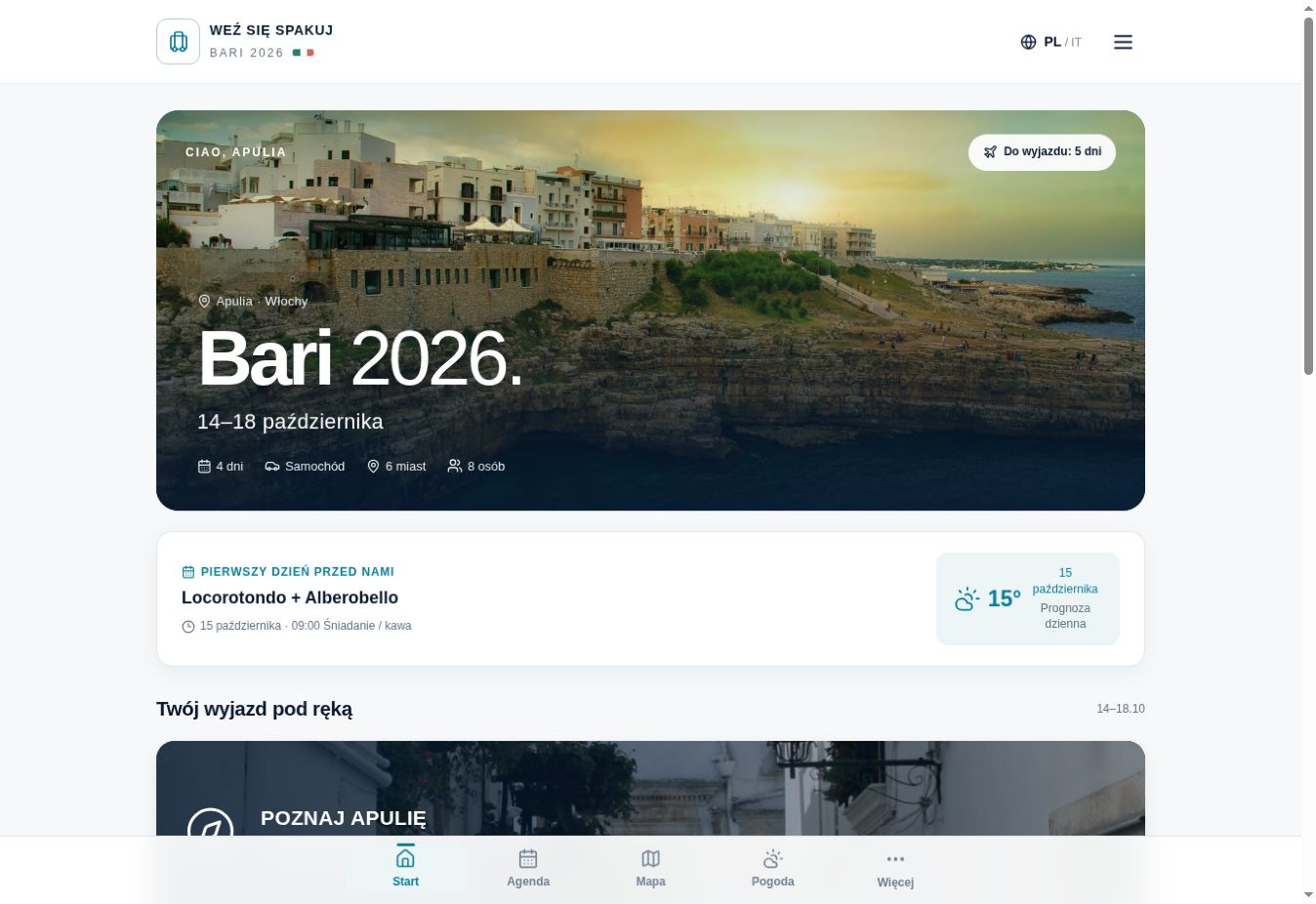 Ekran startowy aplikacji wycieczkowej Bari 2026